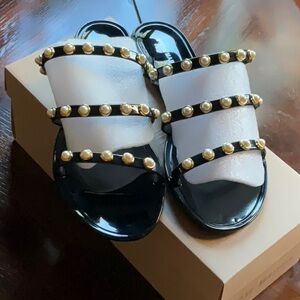 Steve Madden Yalsa  Studded Pearl Flat Black Jelly Flats Sandals Slide S…